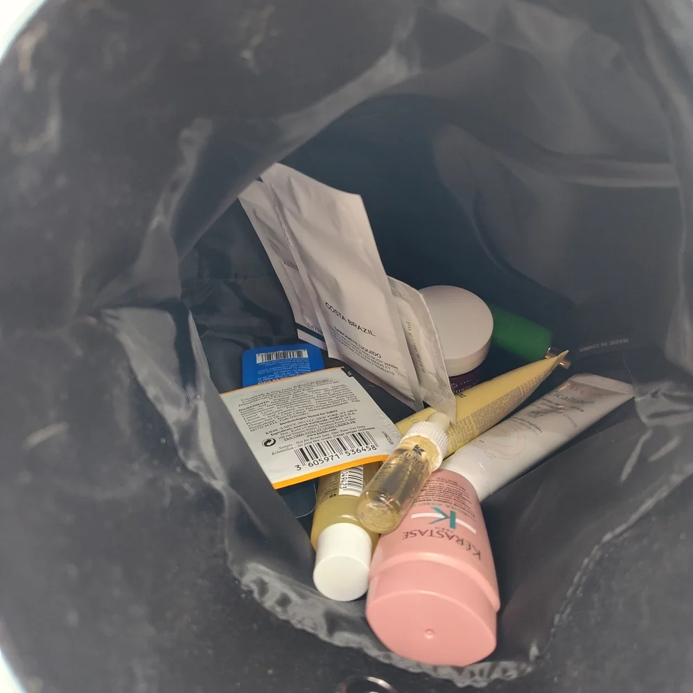 Giorgio Armani Velvet Beauty Bag,  Kiehl’s Oribe Kerastase Tata Harper Samples